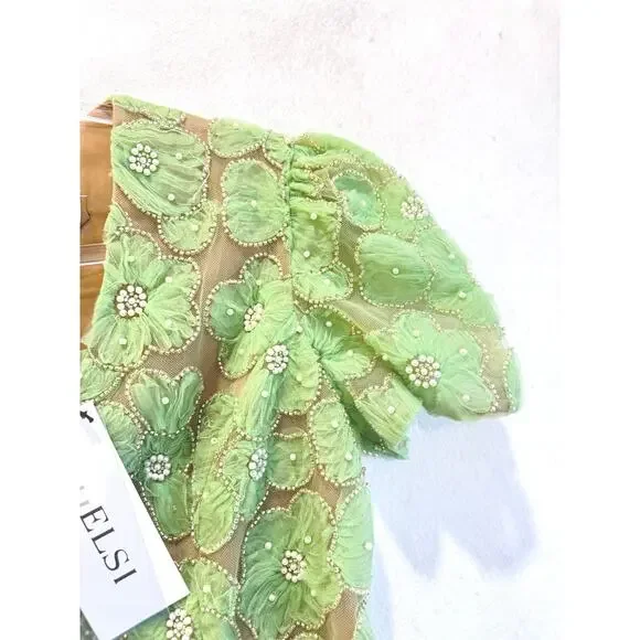 Helsi Anthropologie Mint Green L Beaded Mesh Mini Dress USA Made Cocktail  Party